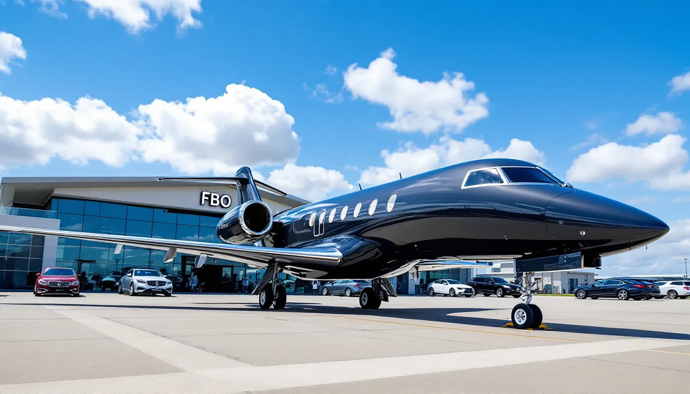 A sleek private jet is parked at an exclusive FBO terminal, showcasing the luxury of private aviation. This setting highlights the benefits of flying private, providing a seamless travel experience without the long security lines typical of commercial air travel.
