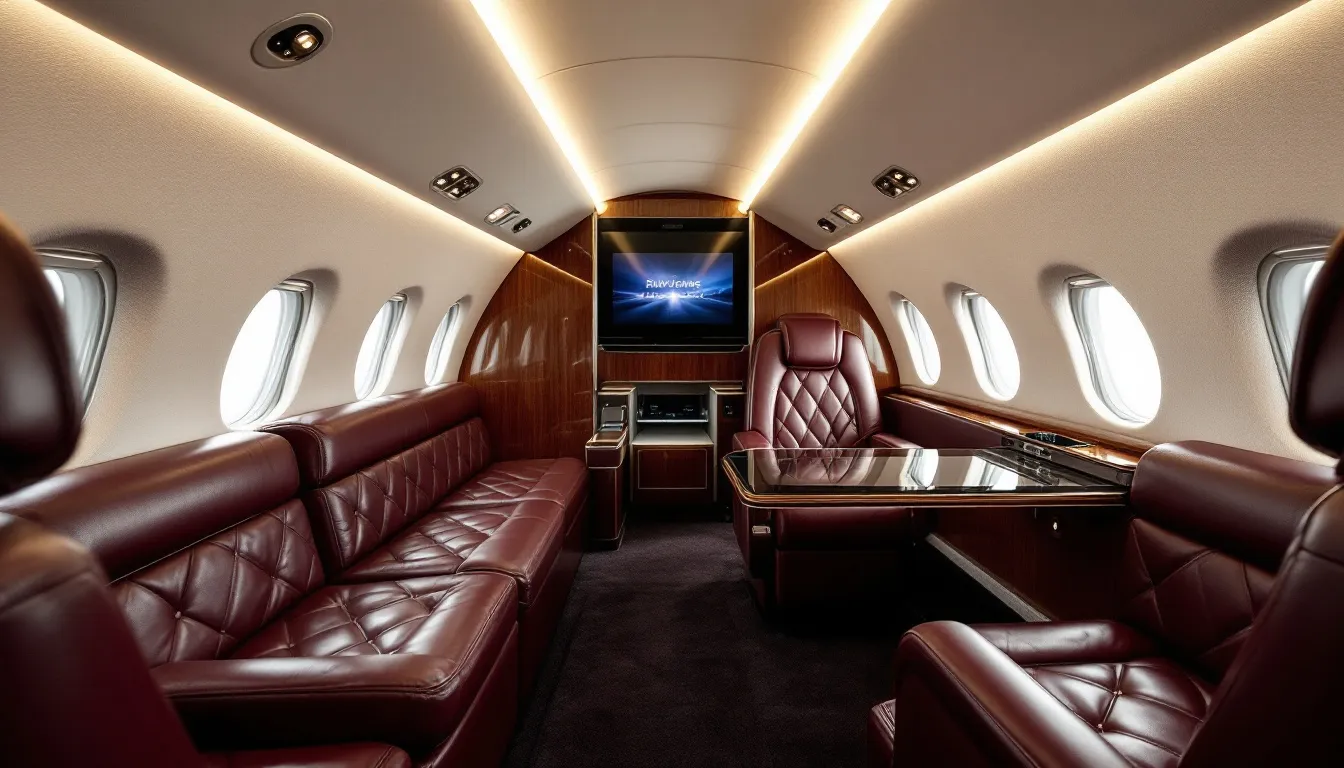 The image showcases the luxurious interior of a private jet, featuring plush seating and high-end business amenities designed for a comfortable flying experience. This elegant space highlights the benefits of private aviation, offering a sophisticated alternative to commercial air travel.
