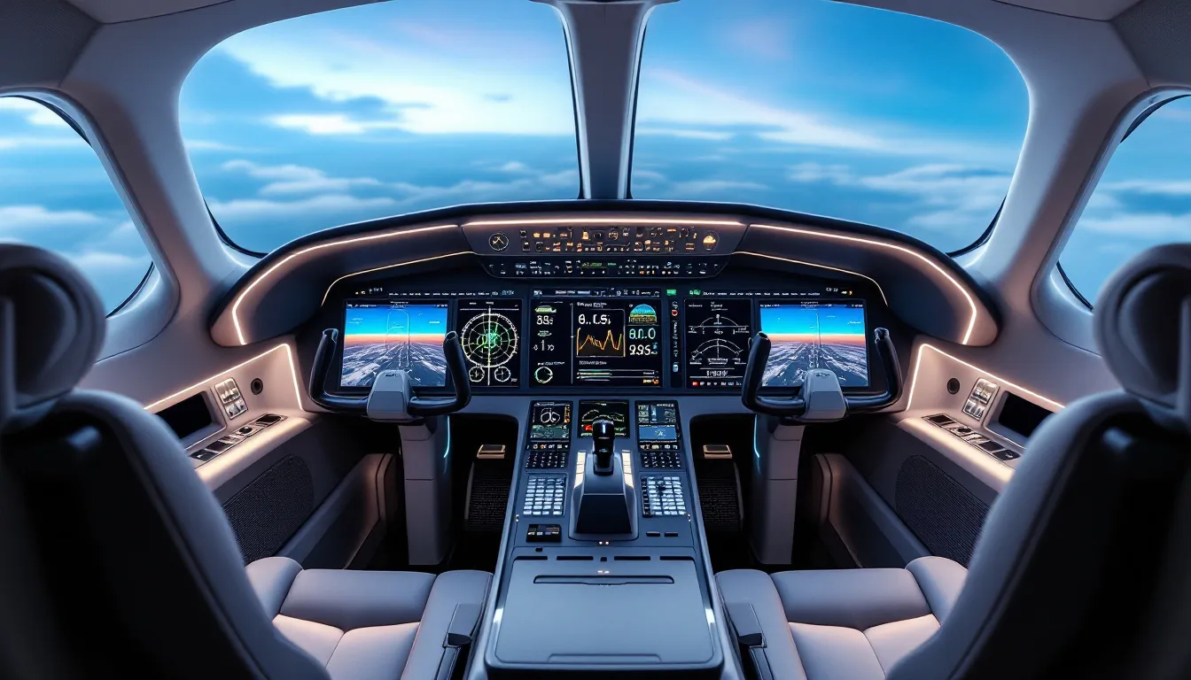 The image depicts a modern private jet cockpit equipped with advanced avionics and technology displays, showcasing the high level of sophistication in private aviation. This cockpit represents the professional and safety-focused environment essential for mission-critical flight services, catering to a global clientele in sectors like entertainment and sports.