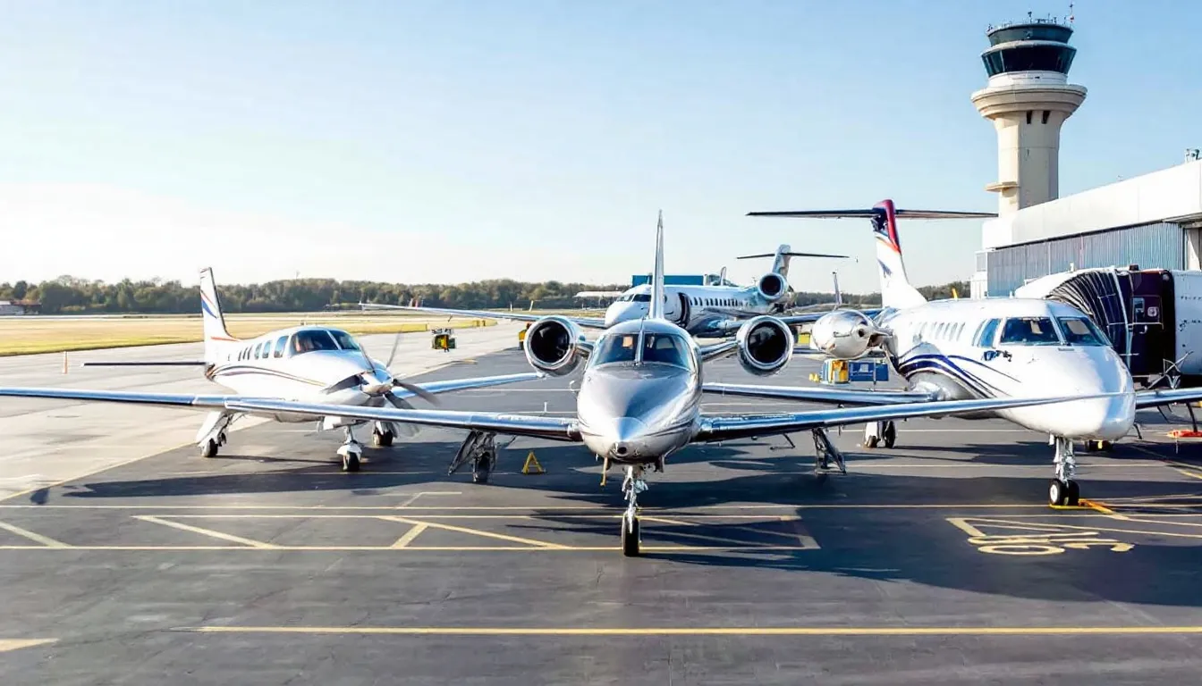 The image depicts various aircraft types lined up at a Fixed Base Operator (FBO), showcasing a range of sizes from small private jets to larger corporate aircraft. This scene highlights the versatility of private aviation services, catering to diverse clients, including sports teams and entertainment industry professionals.