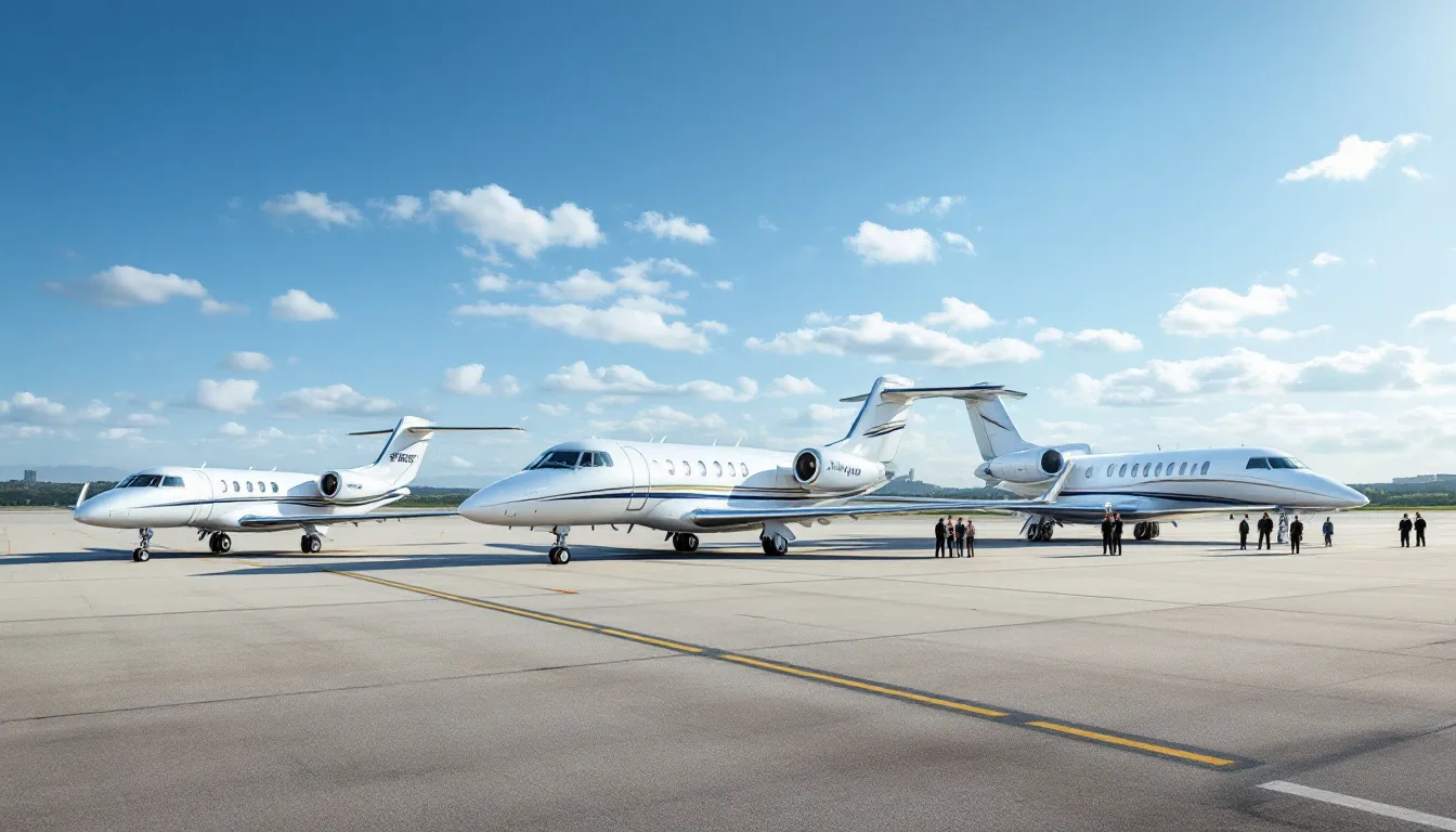The image depicts various categories of private jets lined up on an airport tarmac, showcasing models from light jets to ultra-long-range aircraft. These private jets represent the diverse offerings of private jet services, catering to a global clientele, including corporate clients and entertainment industry professionals.