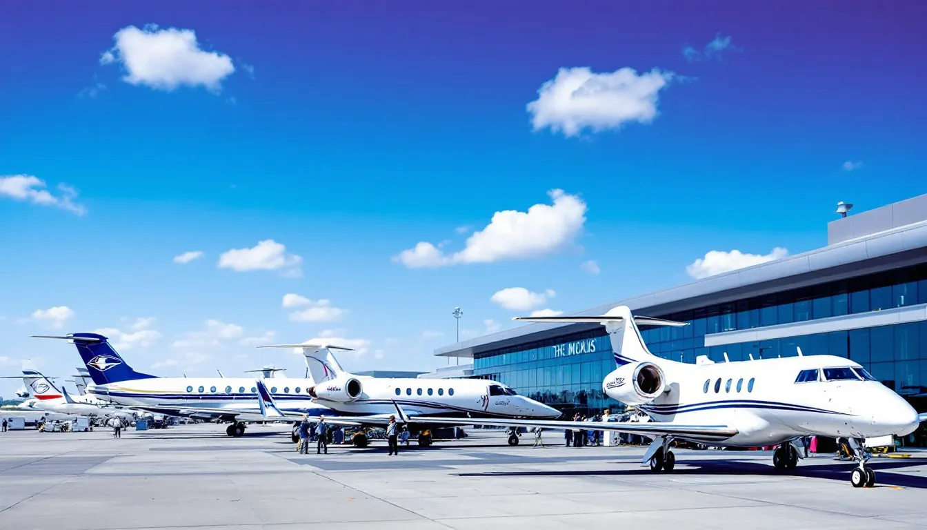 The image depicts a busy terminal with several private jets parked, showcasing the luxury and convenience of private aviation. This scene highlights the benefits of private jet travel, such as avoiding crowded terminals and offering personalized service for business executives and their associates.