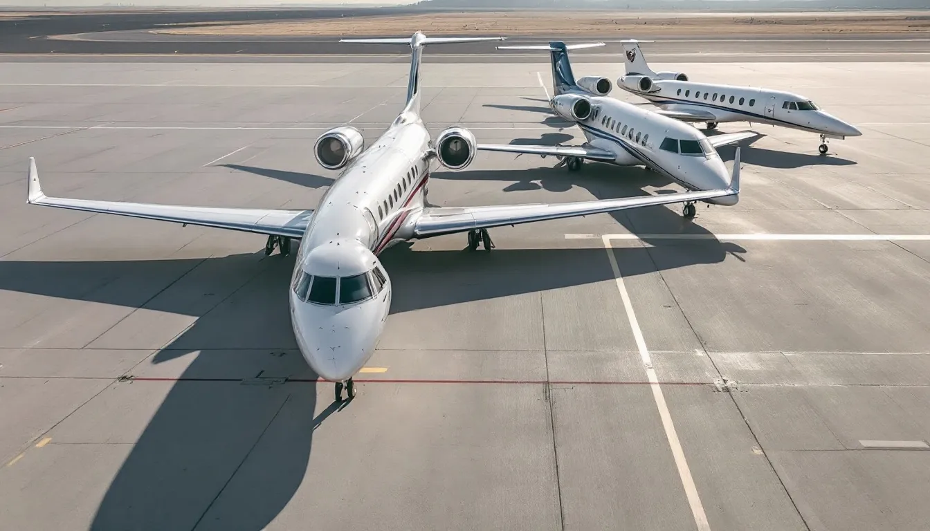 The image showcases multiple private jets of varying sizes parked on an airport tarmac, highlighting the scale differences between light jets, midsize jets, and larger aircraft. This visual representation emphasizes the diverse options available in private aviation for different passenger capacities and travel needs.