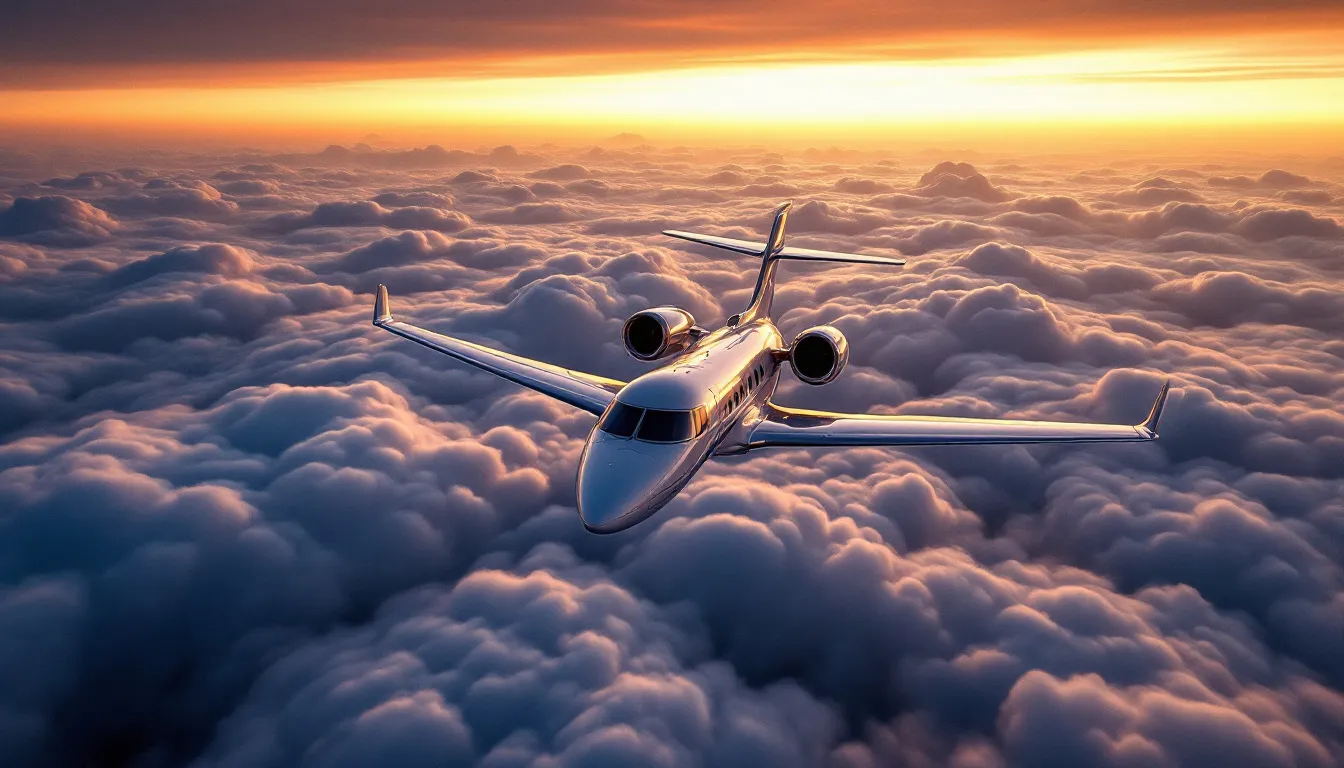 An aerial view captures a private jet soaring above a sea of clouds, illuminated by dramatic lighting that enhances the sleek design of the aircraft. This scene exemplifies the allure of private aviation, showcasing the freedom and luxury of private jet travel.