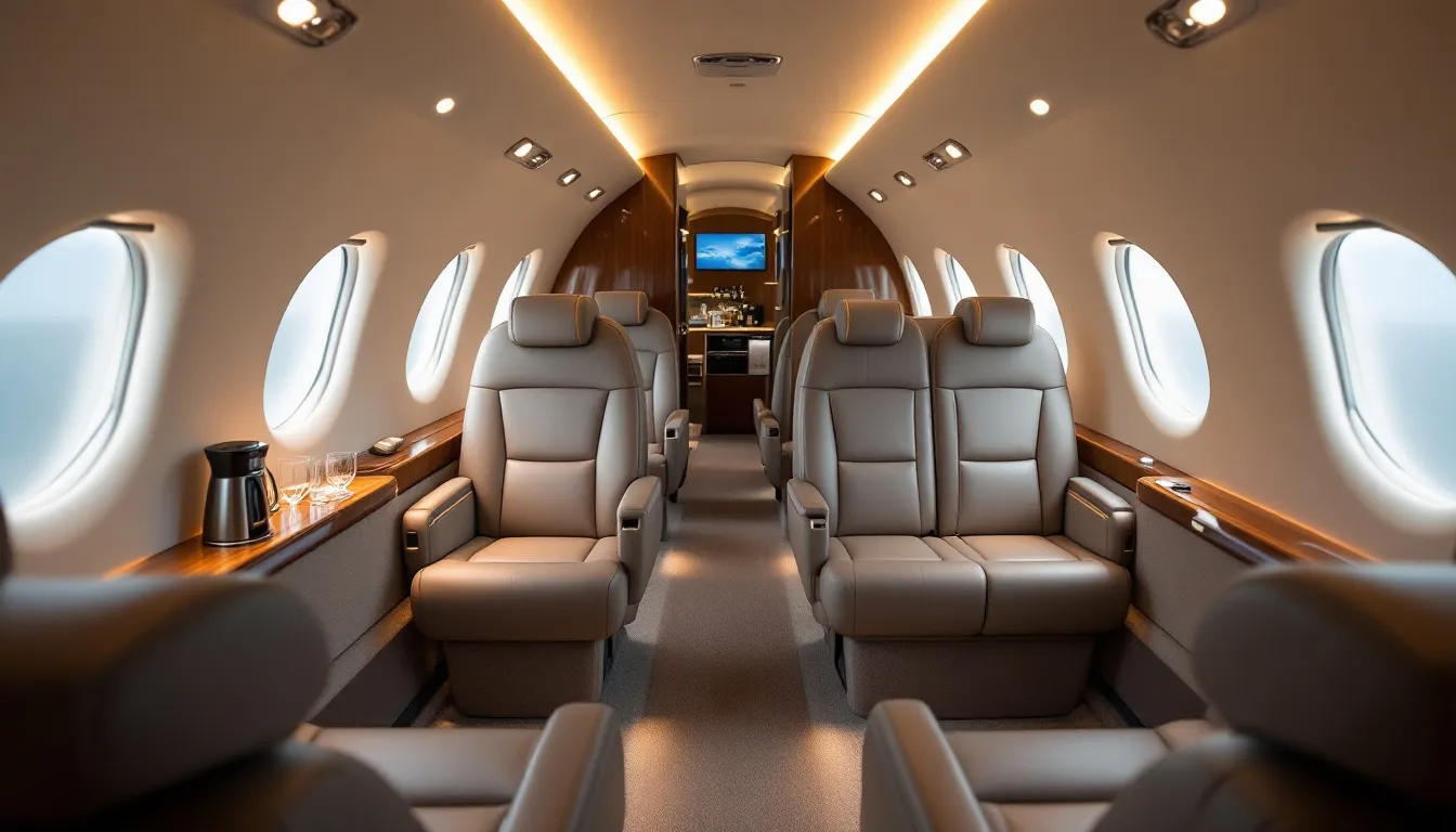 The image depicts a modern private jet interior featuring luxurious seating and high-end cabin amenities, designed for comfort and elegance during private jet travel. This sophisticated environment highlights the exclusivity associated with private jet ownership and the premium experience of charter flights.