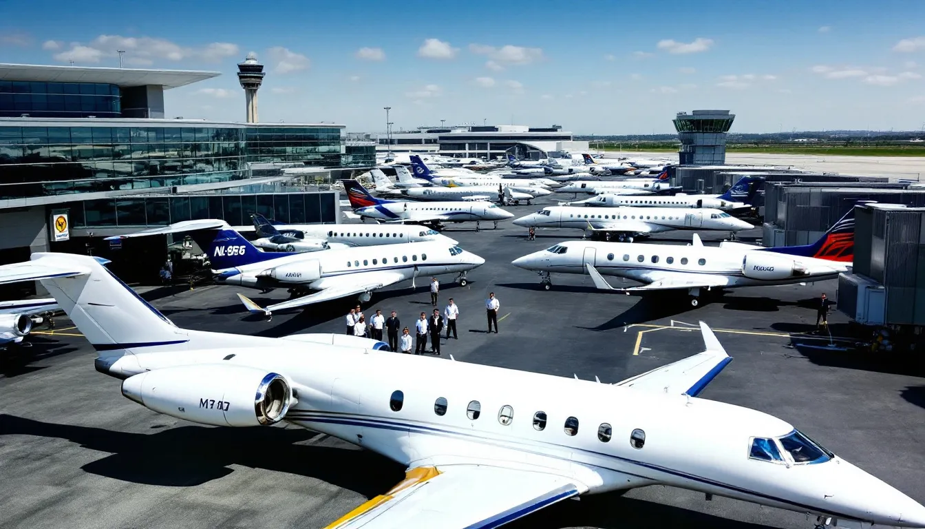 The image depicts a bustling airport scene featuring multiple private jets parked on the tarmac, showcasing various aircraft types including light jets and larger jets. This vibrant setting highlights the private aviation market, where travelers enjoy the luxury of private jet travel and charter flights.