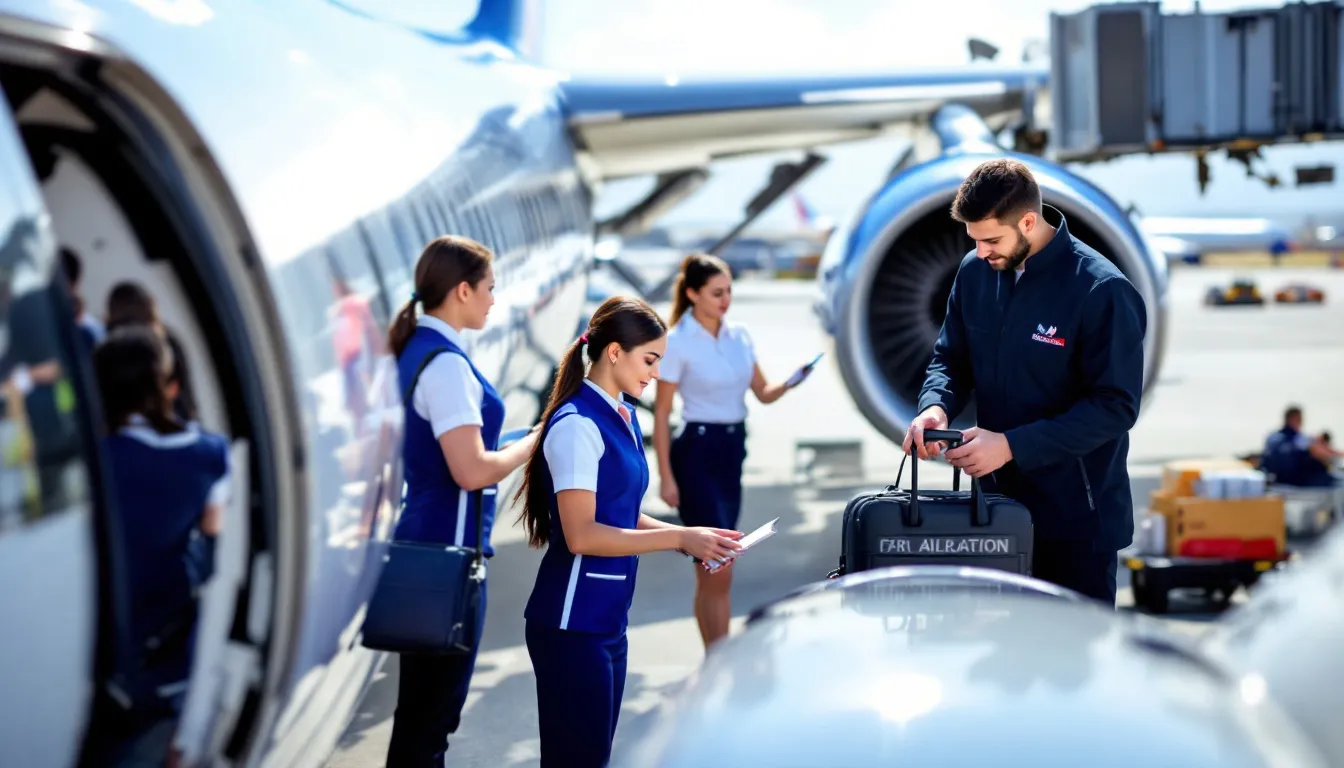 A professional flight crew is seen preparing a private jet for departure, with ground support staff assisting in the process. The image captures the meticulous coordination involved in private aviation, highlighting the importance of safety and efficiency in charter flights.