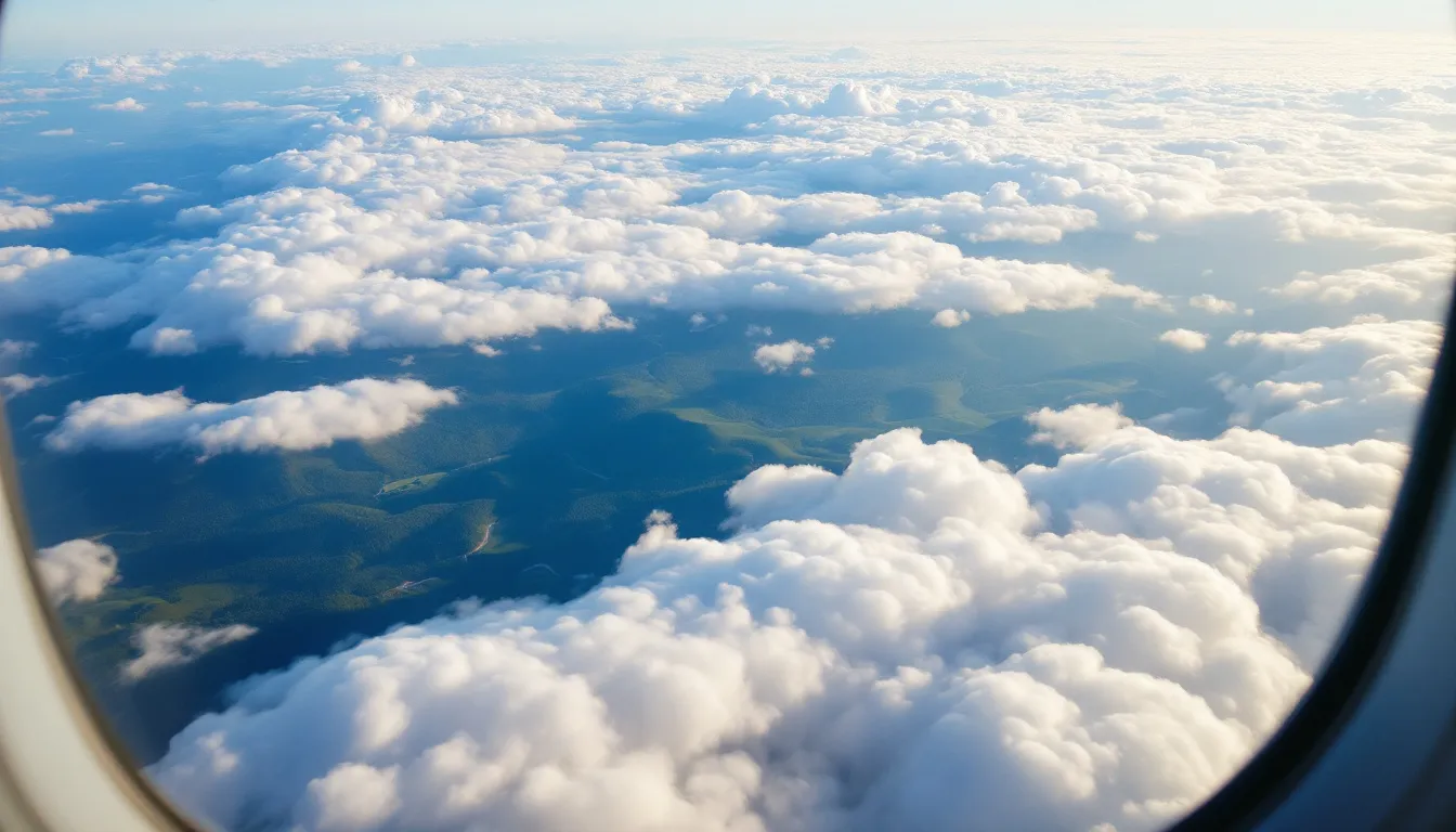An aerial view from a private jet window captures a stunning landscape dotted with fluffy clouds below, showcasing the beauty of private jet travel. This scenic image highlights the freedom and luxury associated with chartering a private jet, making it an appealing choice for travelers seeking comfort and exclusivity.