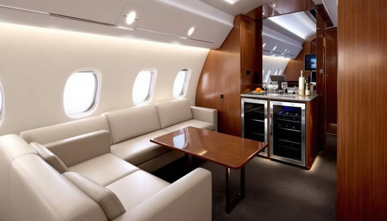 The image showcases an elegant private jet interior, featuring a refined cabin design with plush seating and premium amenities that enhance the luxury of private jet travel. The sophisticated atmosphere reflects the high standards associated with private jet charters, making it an ideal choice for those seeking comfort and style in the skies.