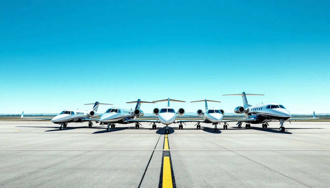 The image features a lineup of different sizes of private jets on a tarmac, showcasing the scale comparison between light jets, midsize jets, and ultra long range jets. This visual representation highlights the variety within private jet travel and the options available for chartering a private jet.