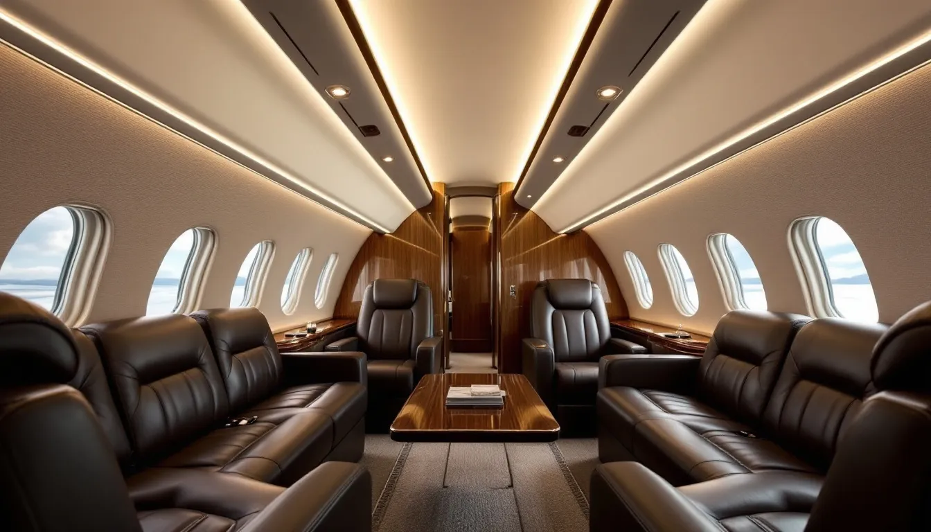 The image depicts a luxurious private jet cabin, featuring plush leather seating and sophisticated ambient lighting that creates an elegant atmosphere for private jet travel. This interior design emphasizes comfort and style, making it a perfect choice for those considering private jet charters or rentals.