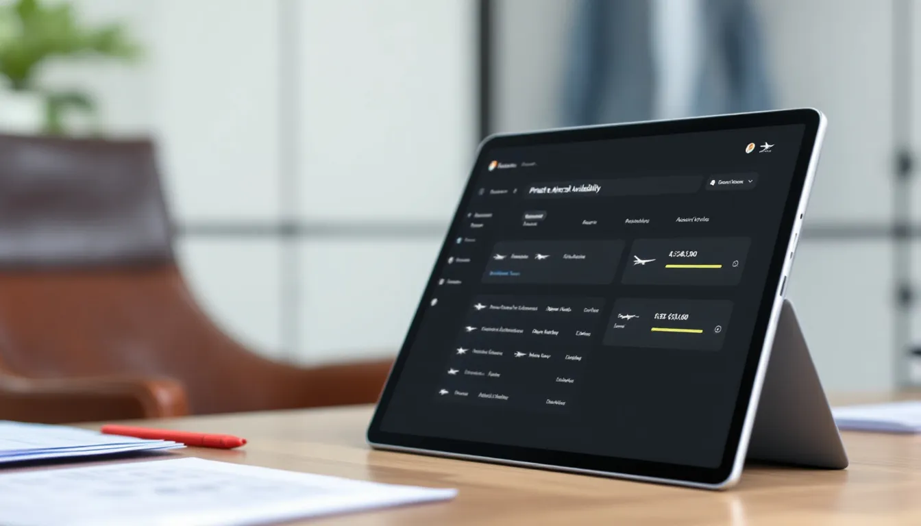 A modern tablet screen showcases a private jet booking app, displaying real-time aircraft availability along with departure and arrival destinations. The interface highlights options for private jet rentals and charter flights, making it easy to explore private aviation services.