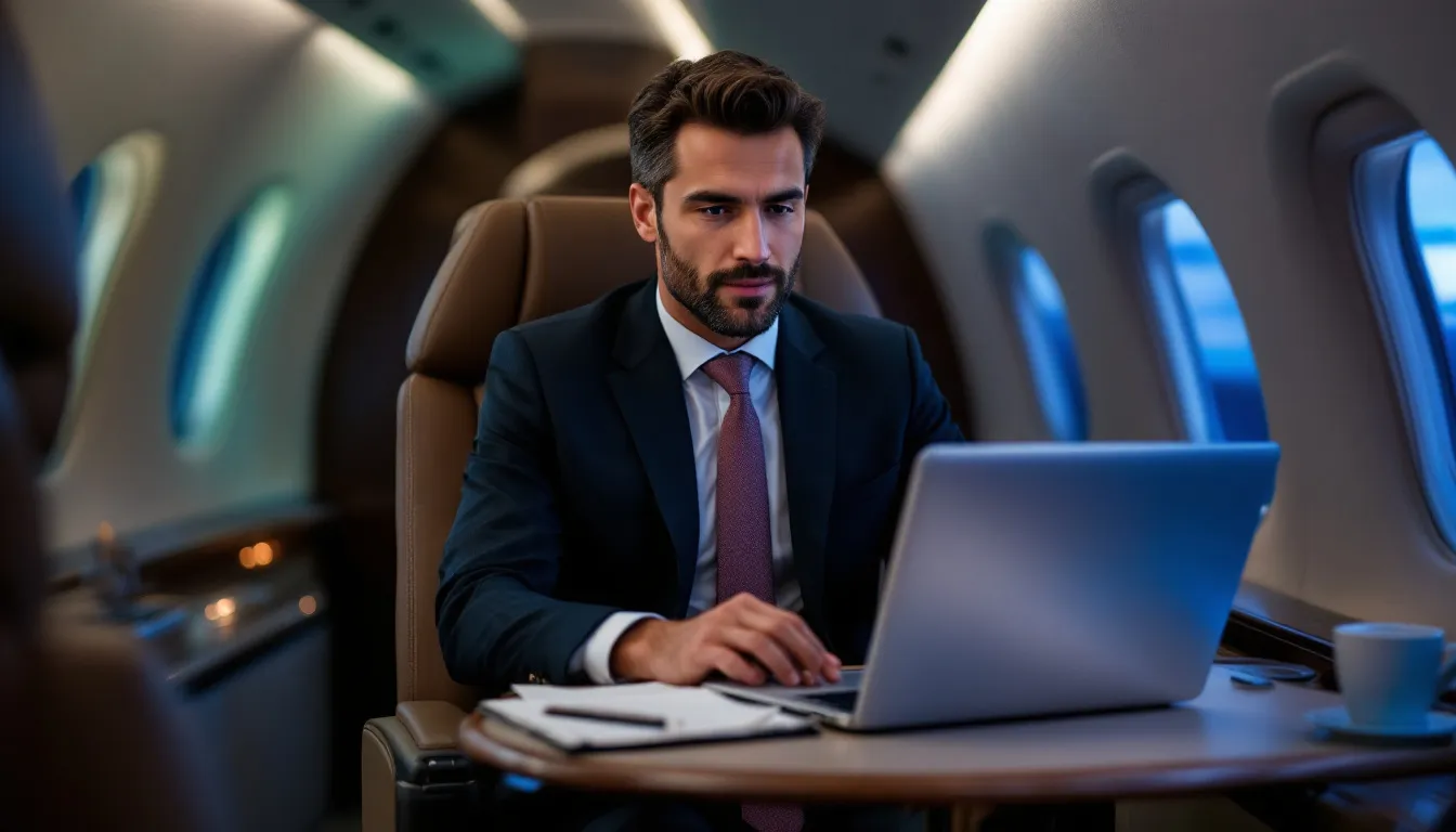 An executive is engaged in a video conference aboard a private jet, showcasing the convenience of conducting business during travel. The interior of the jet is sleek and modern, emphasizing the luxury and efficiency of private aviation.