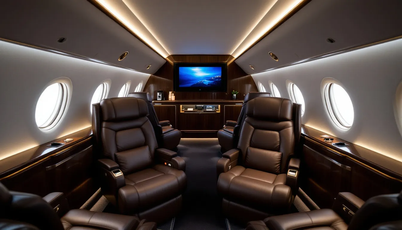 The image depicts the luxurious interior of a heavy private jet, featuring elegant conference seating and premium amenities designed for comfort and productivity. This spacious cabin is ideal for corporate events and private jet travel, showcasing the high-end experience offered by private jet charters.