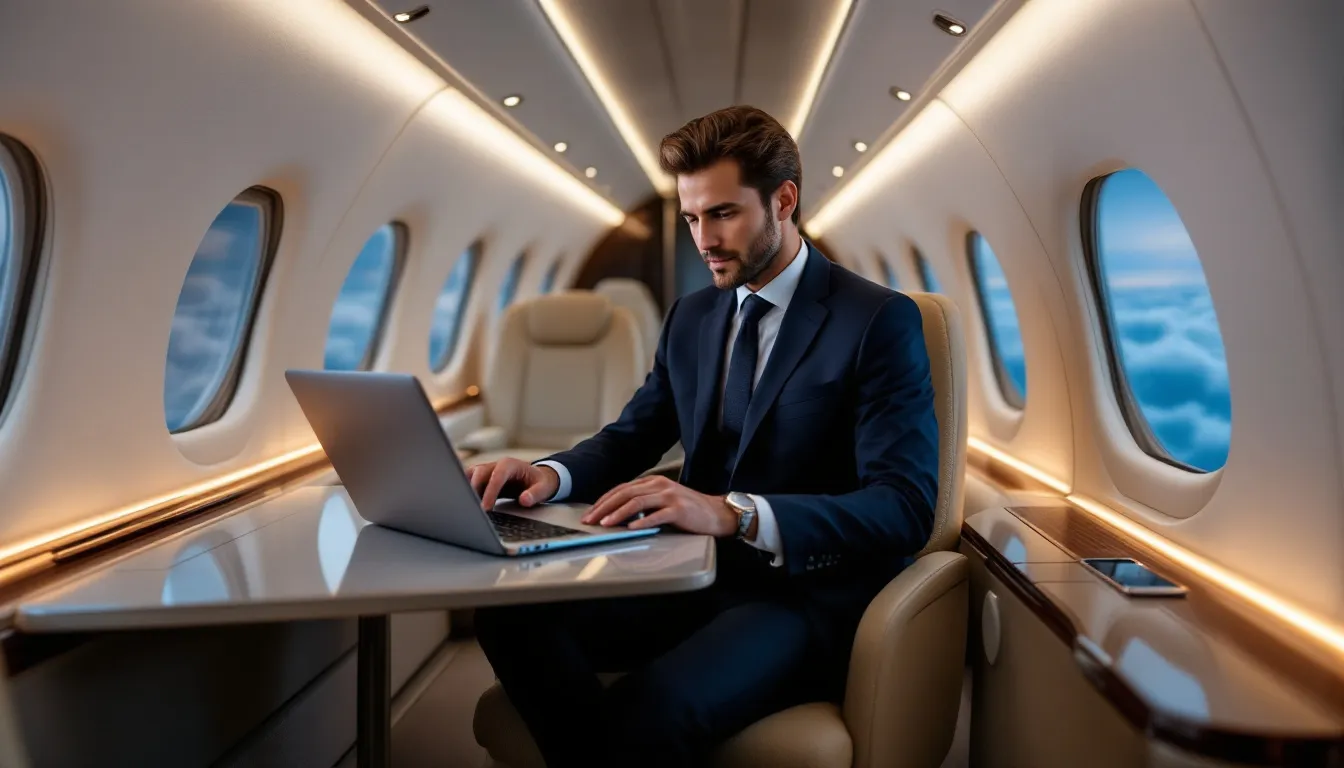 An executive is working productively in a spacious private jet cabin, surrounded by luxurious amenities, as the aircraft soars through the sky. The scene captures the essence of private jet travel, highlighting the comfort and efficiency of conducting business in flight.