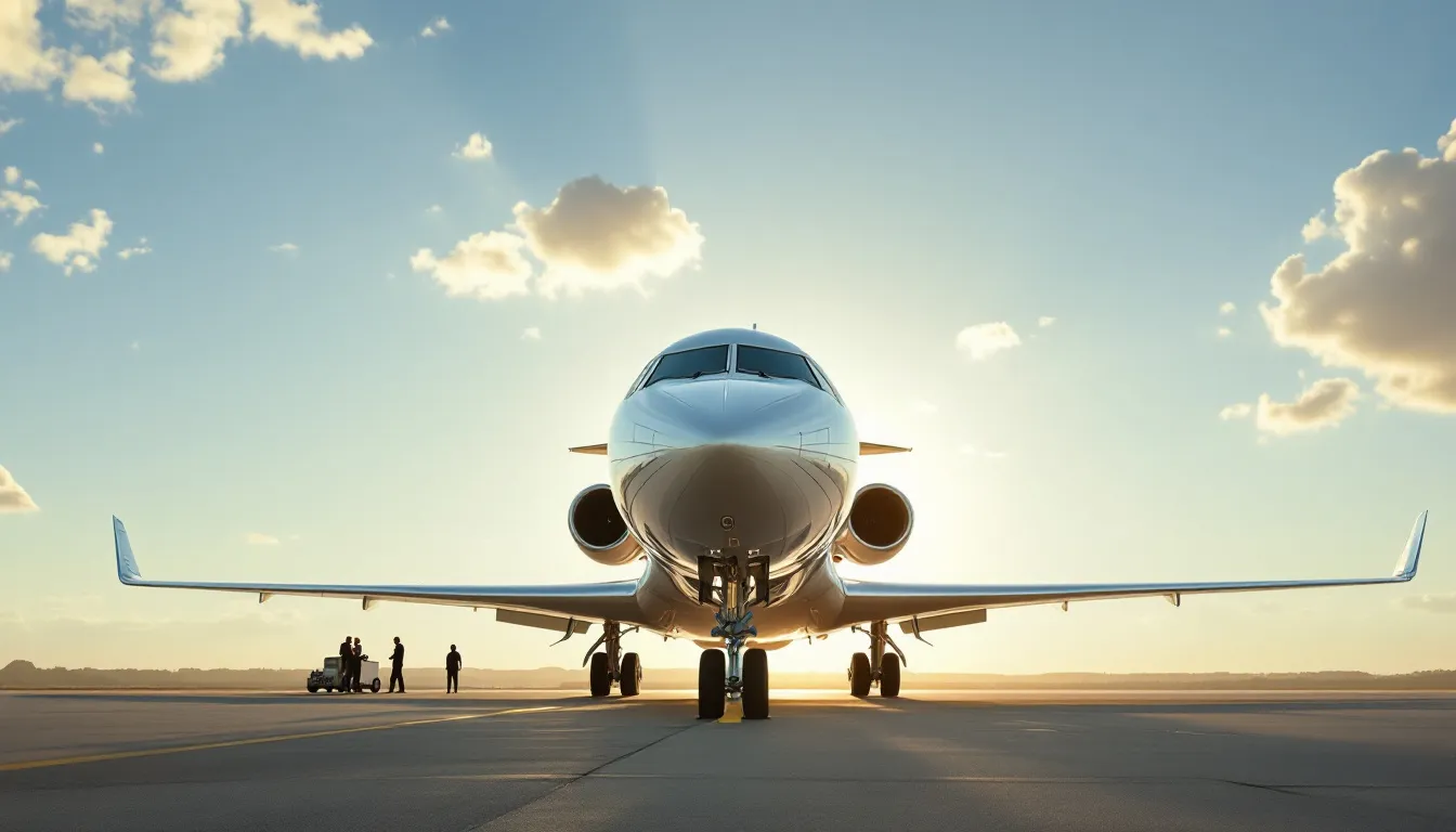 A luxurious ultra-long-range private jet is parked on the tarmac at an international airport, showcasing its sleek design and spacious layout ideal for private jet travel. This image highlights the elegance of private aviation, perfect for those considering private jet rental costs for their next journey.