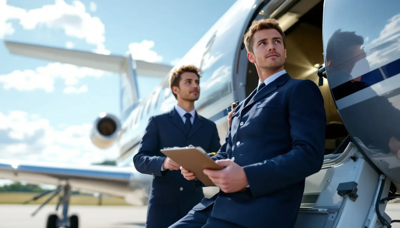 In the image, professional pilots are meticulously conducting pre-flight safety checks on a sleek private jet, ensuring all systems are operational before takeoff. This careful preparation is essential for private jet travel, highlighting the importance of safety in private aviation.