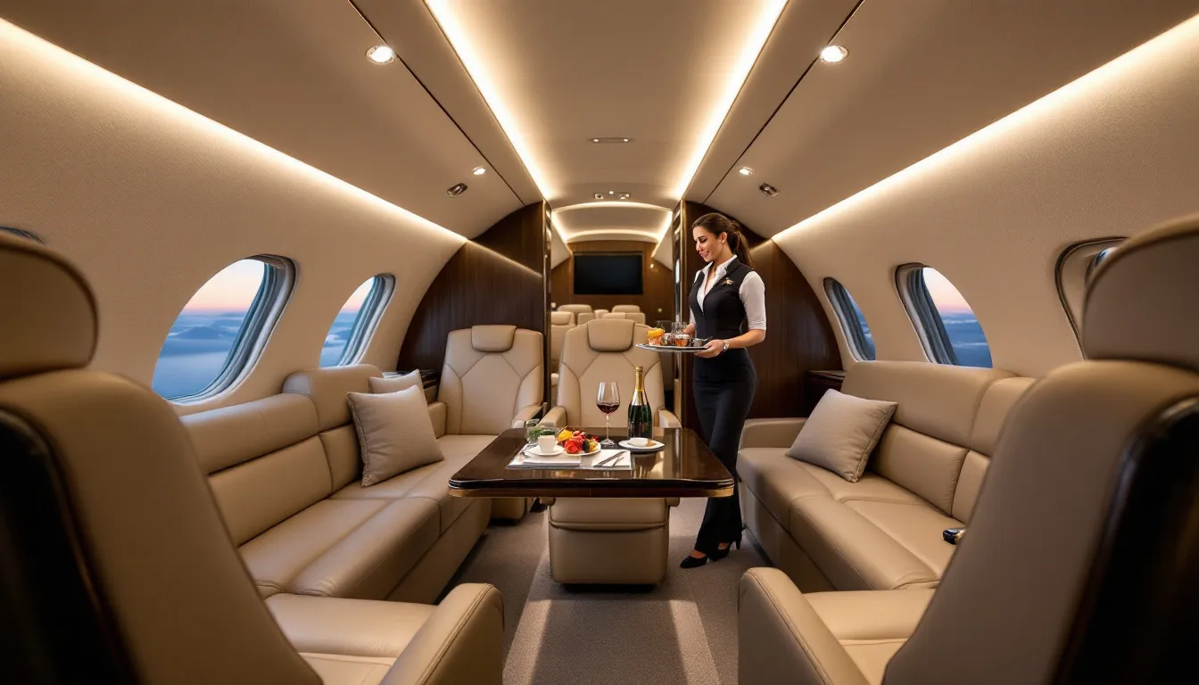 The image depicts a luxurious private jet parked at a sleek airport, ready for travelers embarking on a private jet trip. It emphasizes the convenience of private jet travel, showcasing the aircraft type and the surrounding environment, ideal for planning your next trip with a flight time calculator to determine flight distance and duration.