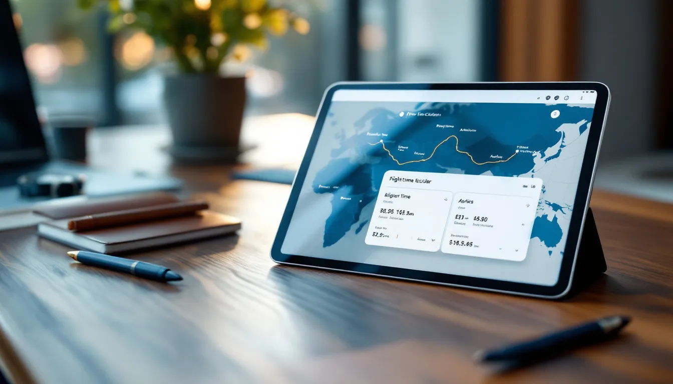 The image depicts a sleek private jet soaring through a clear blue sky, symbolizing elite travel. It highlights the concept of a private jet flight time calculator, which assists travelers in planning their next trip by providing essential flight details such as flight distance, duration, and final cost.