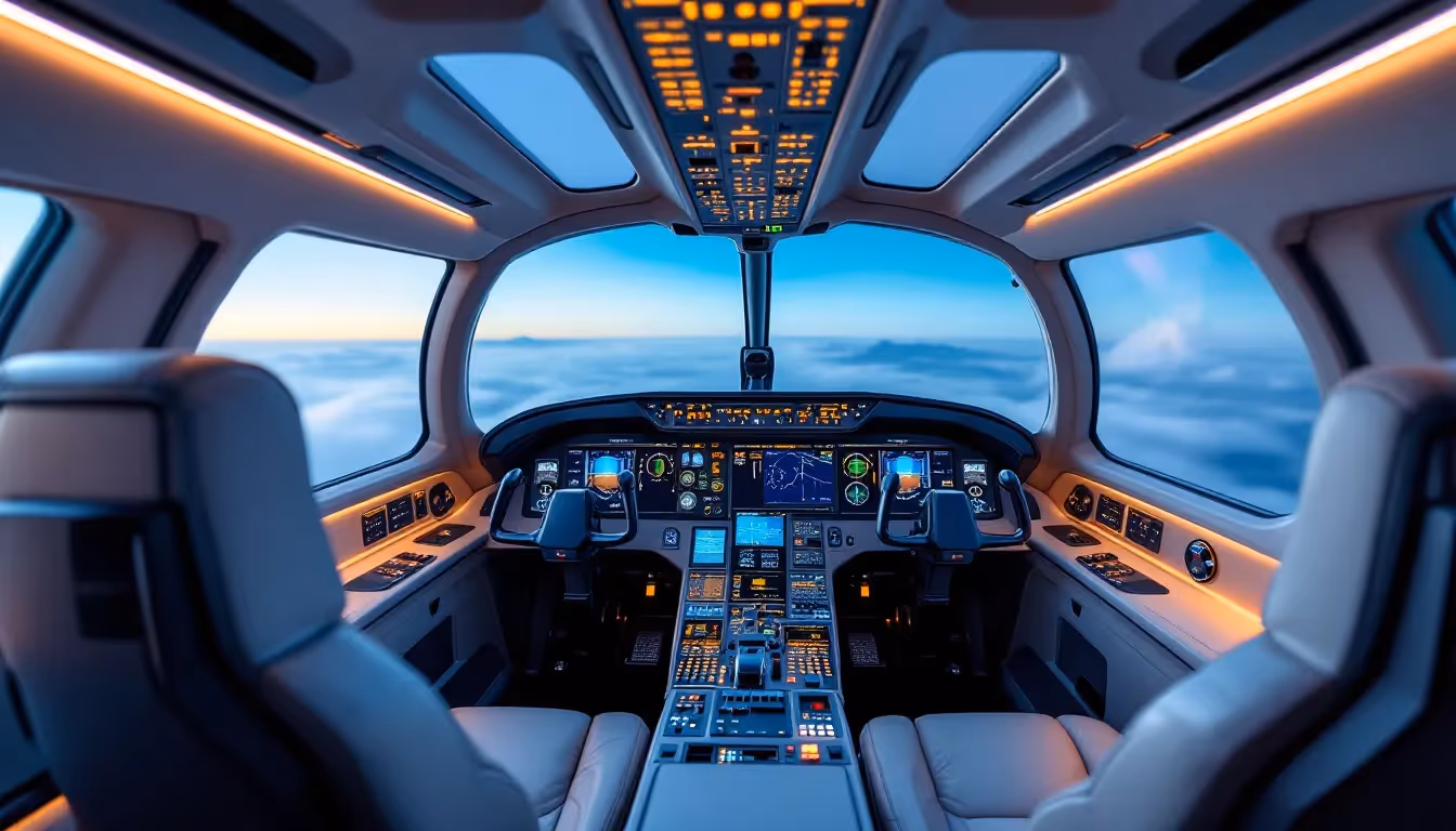 The image depicts an advanced aircraft cockpit filled with modern avionics and technology systems, showcasing a sleek design and high-tech instruments essential for private jet travel. This sophisticated environment highlights the luxury and efficiency of private aviation, ideal for business trips and leisure travel.