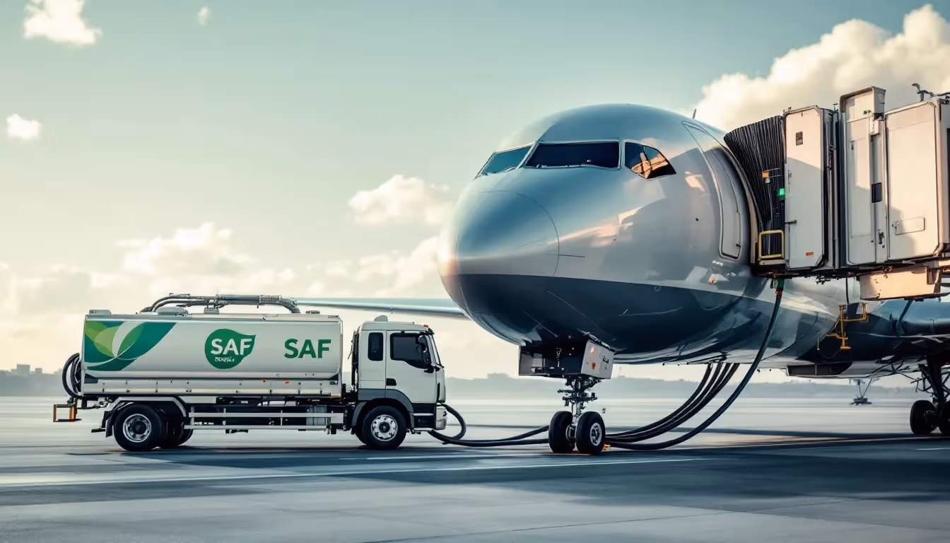 A modern aircraft, designed for private jet travel, is being loaded with sustainable aviation fuel at an airport. This scene highlights the shift towards eco-friendly practices in private aviation, showcasing the future of private jet charters.