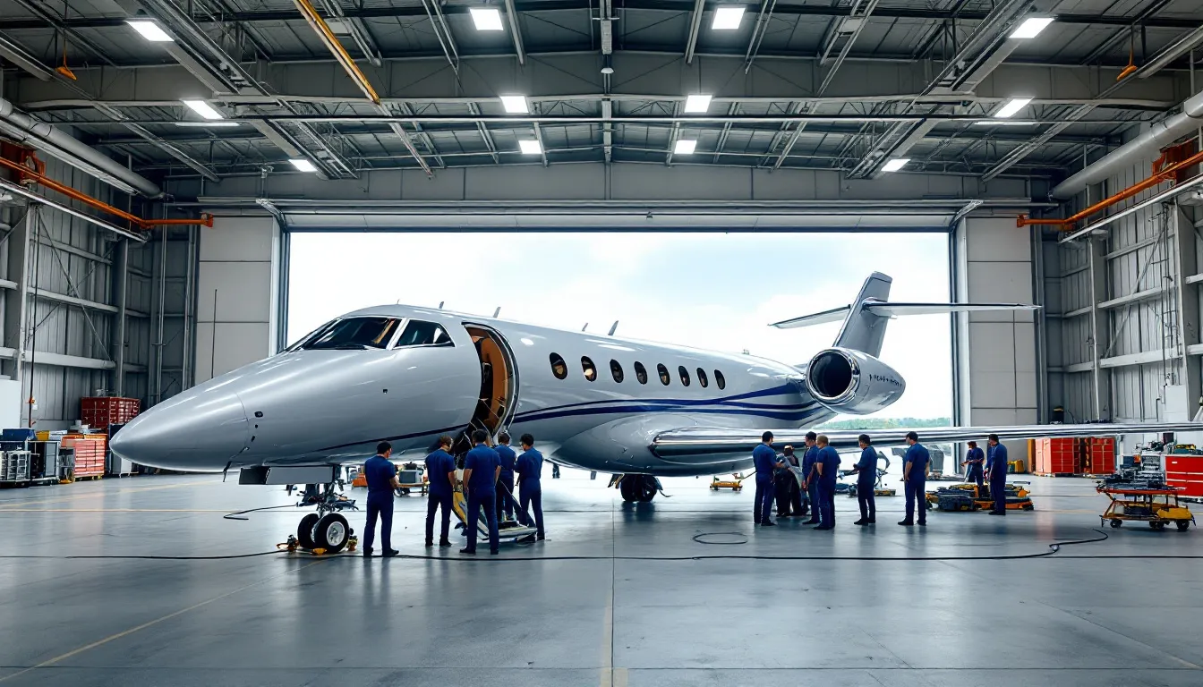 A private jet is being serviced inside a professional aircraft hangar facility, showcasing the meticulous care involved in maintaining these luxury jets. The scene highlights the importance of maintenance costs and operational expenses in the private aviation industry, ensuring safe and efficient private jet travel.