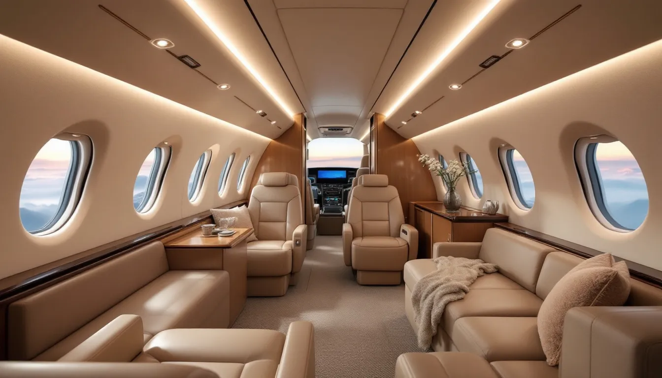The image depicts a modern luxury private jet cabin, featuring elegant seating and advanced amenities designed for comfort during private jet travel. The sophisticated interior highlights the opulence associated with private jet ownership and charter services, ideal for up to eight passengers enjoying a premium flying experience.