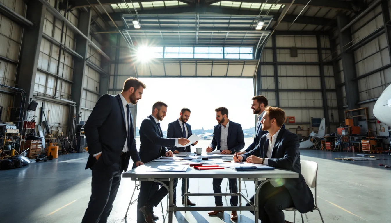 A group of executives is engaged in a professional business meeting inside a spacious aircraft hangar, reviewing documents related to private jet ownership and charter services. The setting highlights the luxurious environment of private aviation, emphasizing the significance of private jet costs and operational expenses in their discussions.
