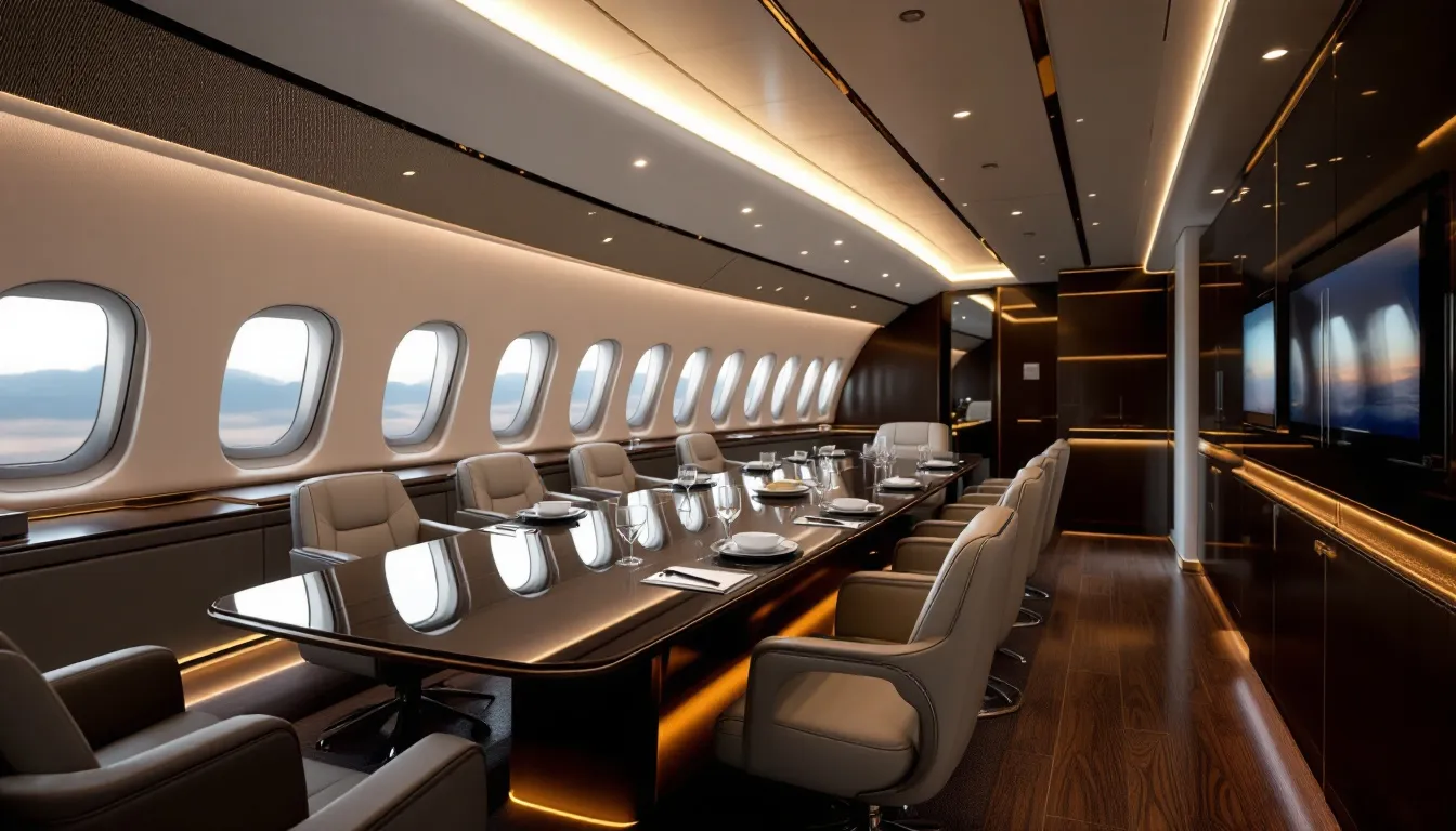 The image depicts a luxurious aircraft interior designed for business meetings, featuring a sleek conference table surrounded by premium seating. This private jet offers an elegant environment ideal for professional discussions, showcasing the comfort and sophistication associated with private jet travel.