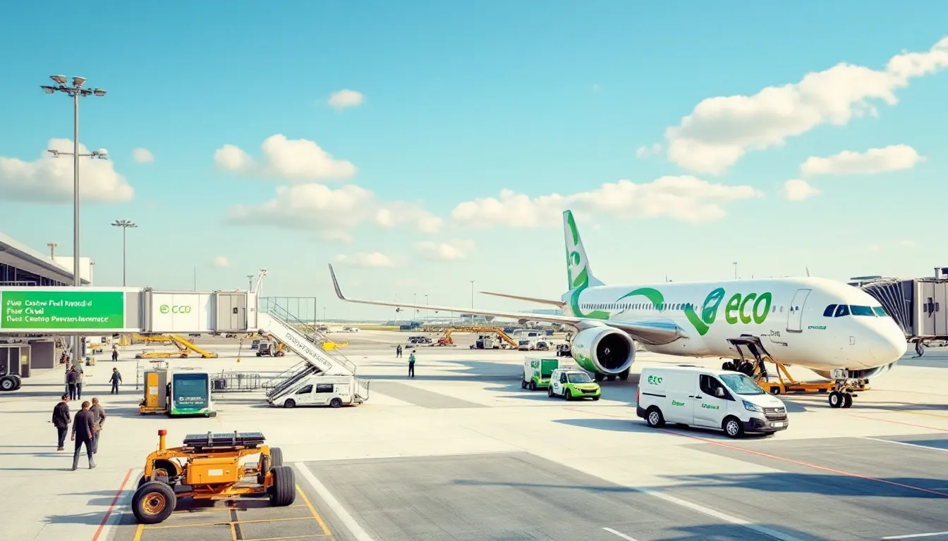 The image depicts a modern aircraft surrounded by eco-friendly ground support equipment, showcasing sustainable aviation operations. This scene emphasizes the growing trend in private jet travel towards environmentally responsible practices, highlighting the importance of reducing the carbon footprint in the aviation industry.
