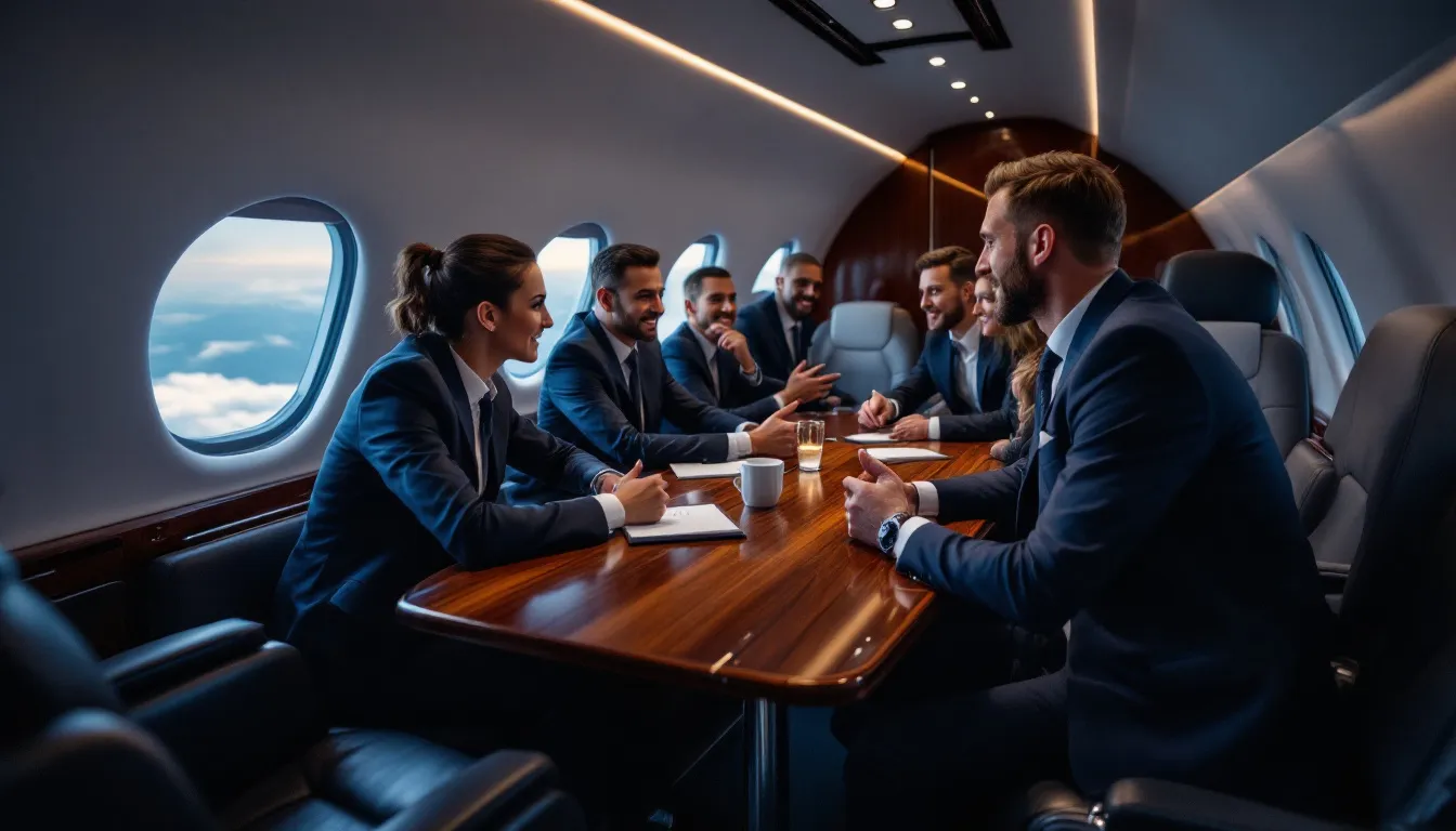 An executive team is engaged in a business meeting inside the luxurious cabin of a private jet, showcasing the comfort and amenities of private air travel. The setting emphasizes the exclusivity of private jet charters, ideal for conducting important discussions while in flight.