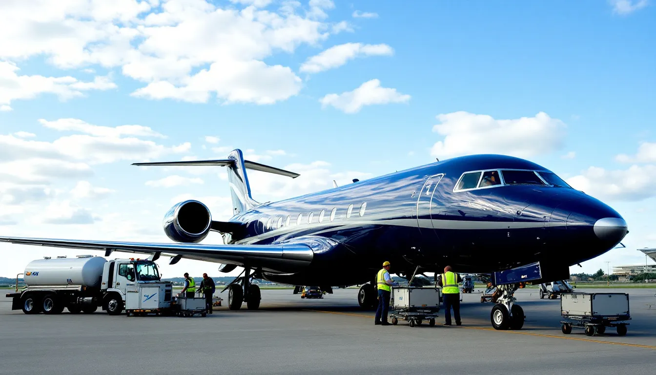 The image depicts a large private jet on the tarmac at an airport, surrounded by ground support vehicles and crew members preparing for departure. This scene highlights the operations involved in private jet travel, emphasizing the luxury and efficiency of private jet charters.