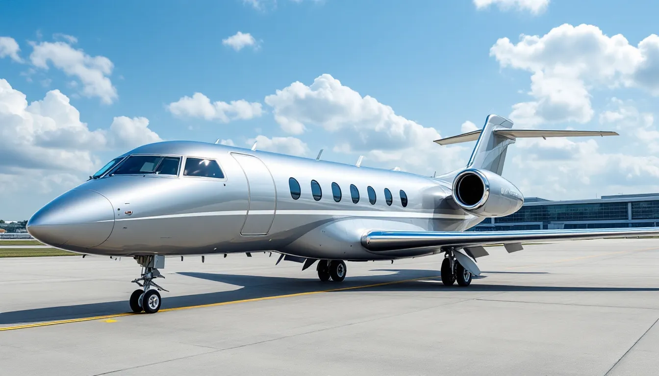 The image depicts a luxurious private jet parked at a private airport, showcasing the sleek design and high-end features typical of private aviation. This visual represents the significant financial commitment involved in private jet ownership, including ongoing costs such as maintenance, fuel, and hangar fees.