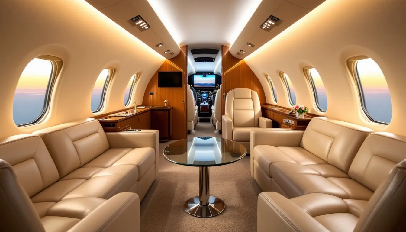 The image depicts a luxurious private jet, showcasing its sleek design and elegant interior, symbolizing the high-end experience of private aviation. This representation of private jet ownership highlights the significant financial commitment involved, including ongoing costs such as maintenance and operational expenses for jet owners.