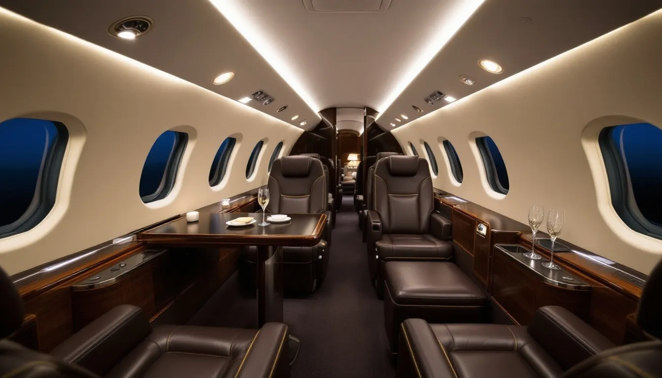The image depicts a luxurious private jet, showcasing its sleek design and spacious interior, ideal for private jet travel. This aircraft represents the pinnacle of private aviation, highlighting the comfort and exclusivity associated with chartering a private jet for both business and leisure.
