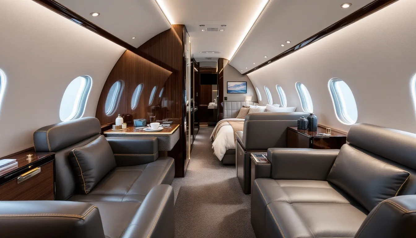 The image depicts the lavish interior of the most expensive private jet, showcasing a spacious cabin with four private guest rooms, a luxurious dining area, and a comfortable guest lounge. The design emphasizes ultimate luxury, featuring elegant furnishings and high-end amenities typical of expensive private jets.