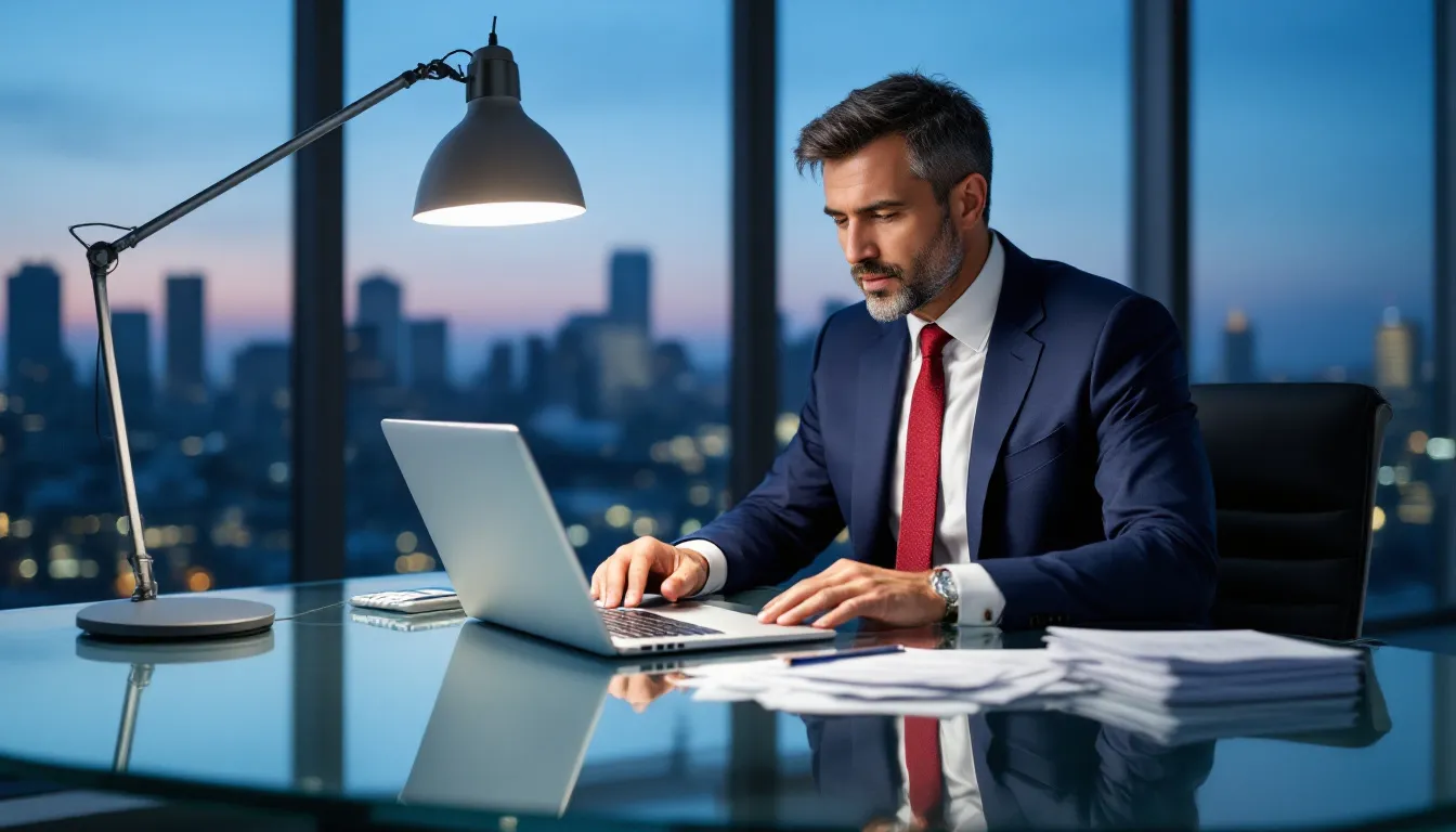 A person is sitting at a desk, focused on a laptop while using a private jet cost calculator to estimate expenses for a private jet charter flight. They are inputting details such as flight distance, departure and arrival destinations, and aircraft type to determine the overall private jet charter costs.