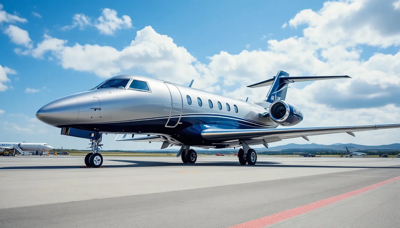 The image depicts a sleek private jet on the tarmac, showcasing its modern design and luxurious features, ideal for private air travel. The scene highlights the convenience of chartering a private jet, emphasizing the comfort and efficiency of flying privately compared to commercial flights.