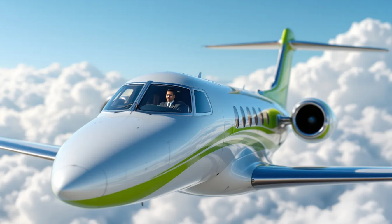 The image illustrates the concept of sustainability in private jet aviation, showcasing a sleek private jet parked at a green airport facility surrounded by solar panels and greenery. It highlights the ongoing maintenance costs and operational expenses associated with private jet ownership, emphasizing the need for routine maintenance and inspections to ensure environmental compliance and efficiency.