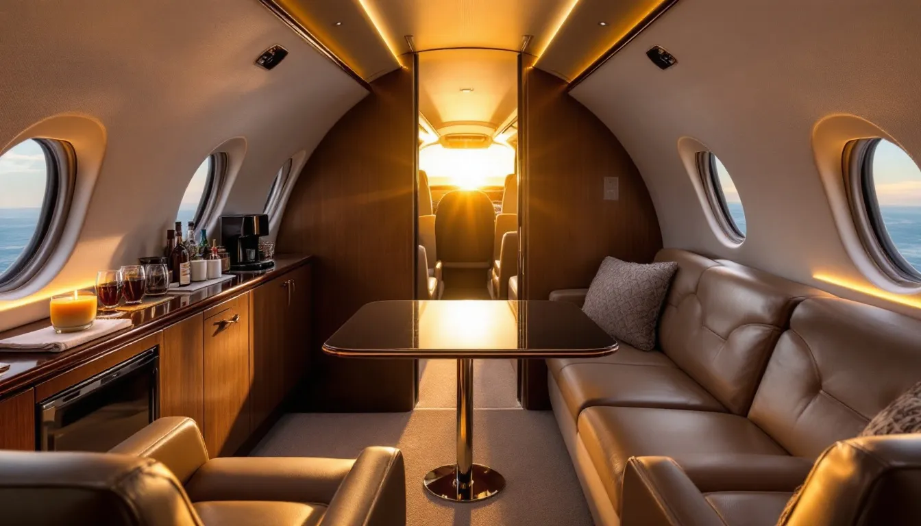 The image depicts a luxurious interior of a private jet, showcasing plush seating and personalized service for private jet passengers. It highlights the comfort and convenience of private air travel, emphasizing the benefits of chartering a private jet over commercial flights.