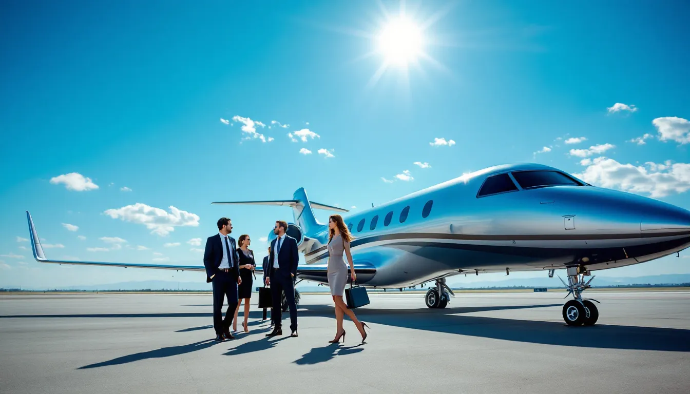 The image depicts a luxurious private jet parked at a smaller airport, showcasing the sleek design and spacious cabin interior where private jet passengers can enjoy personalized service. This scene highlights the appeal of private aviation, emphasizing the convenience and comfort of private jet travel compared to commercial flights.