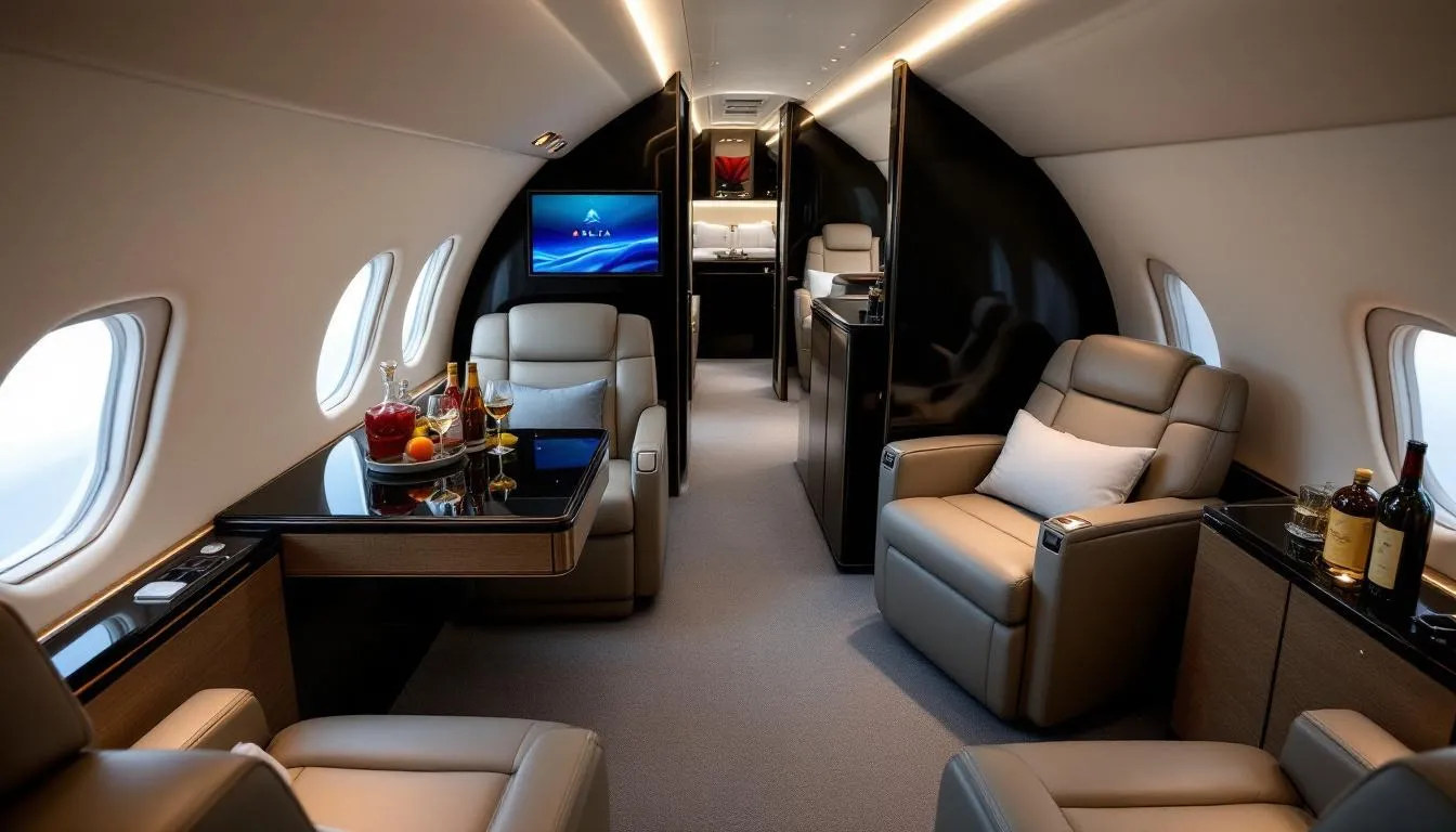 The image depicts a sleek Delta Private Jet, showcasing its modern design and luxury features, representing one of the largest private aviation companies. This business jet is part of the Delta Private Jets fleet, offering exclusive private jet travel options and services to its customers.