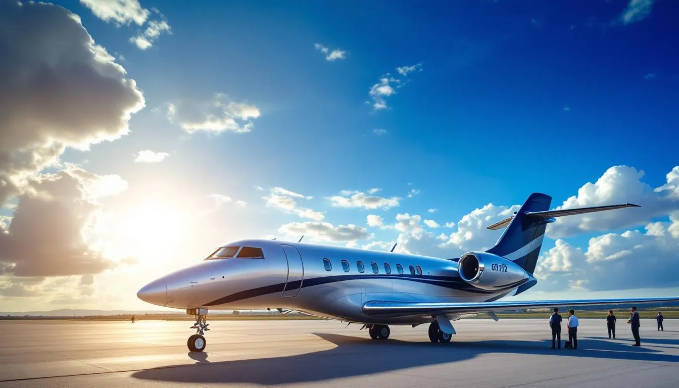 The image showcases a sleek private jet soaring through a clear blue sky, symbolizing luxury and efficiency in business aviation. This private aircraft, possibly from renowned manufacturers like Gulfstream Aerospace or Bombardier, highlights the innovation and performance that define the world of private jets.