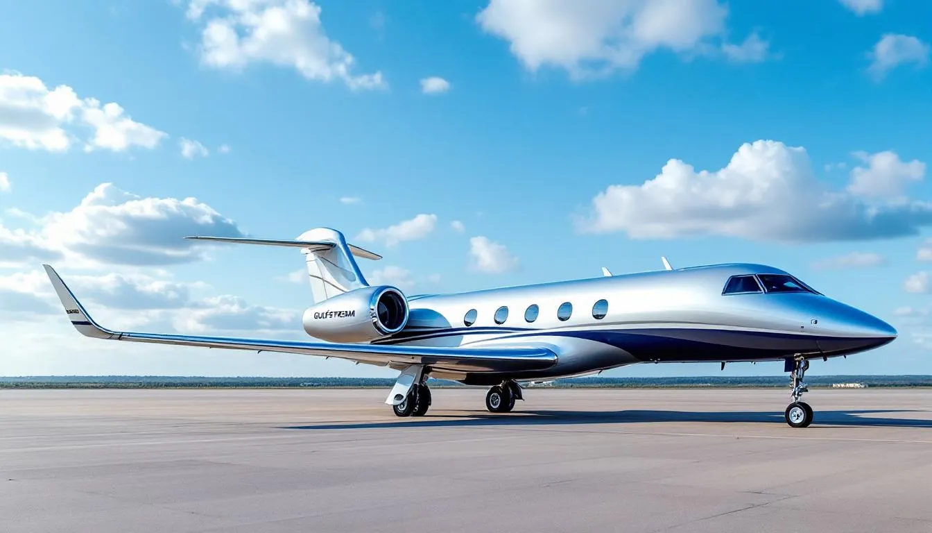 The image showcases a sleek Gulfstream Aerospace private jet, a prominent model among private aircraft manufacturers known for its exceptional performance and efficiency in business aviation. This luxurious private jet is designed to accommodate passengers with comfort and style, reflecting the high standards of the aviation industry.