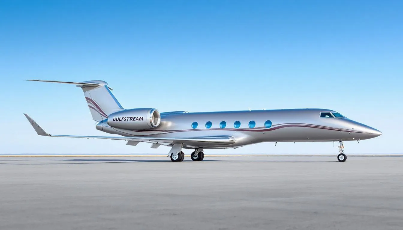 The image features a sleek Gulfstream Aerospace private jet, showcasing its elongated oval shape and luxurious design, ideal for business travelers seeking comfort and efficiency in private aviation. This model represents the pinnacle of private jet manufacturers, combining advanced aerospace technology with high performance for long-range flights.