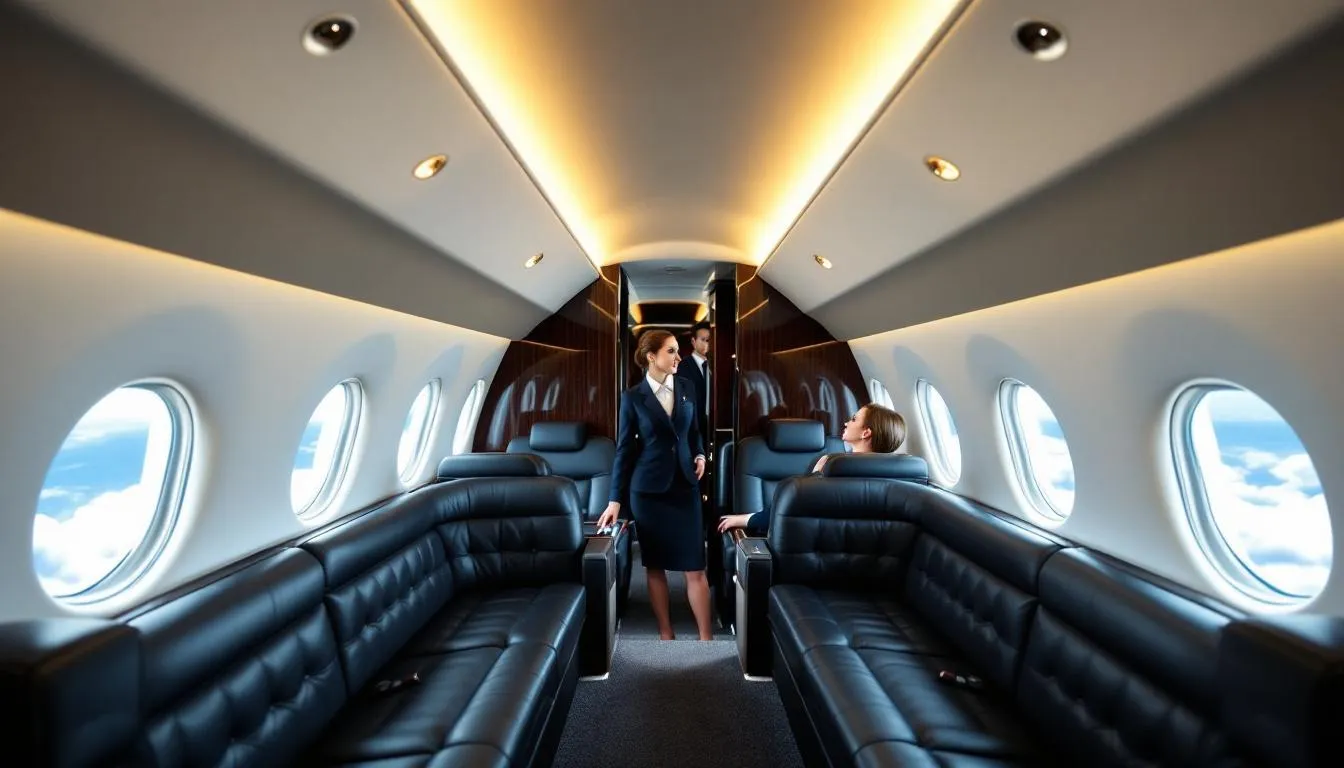 An image depicting a luxurious private jet in flight, showcasing its sleek design and premium aircraft features, represents the epitome of private jet charters. The scene captures the essence of personalized service and comfort that private flights offer to passengers traveling to exclusive destinations around the world.