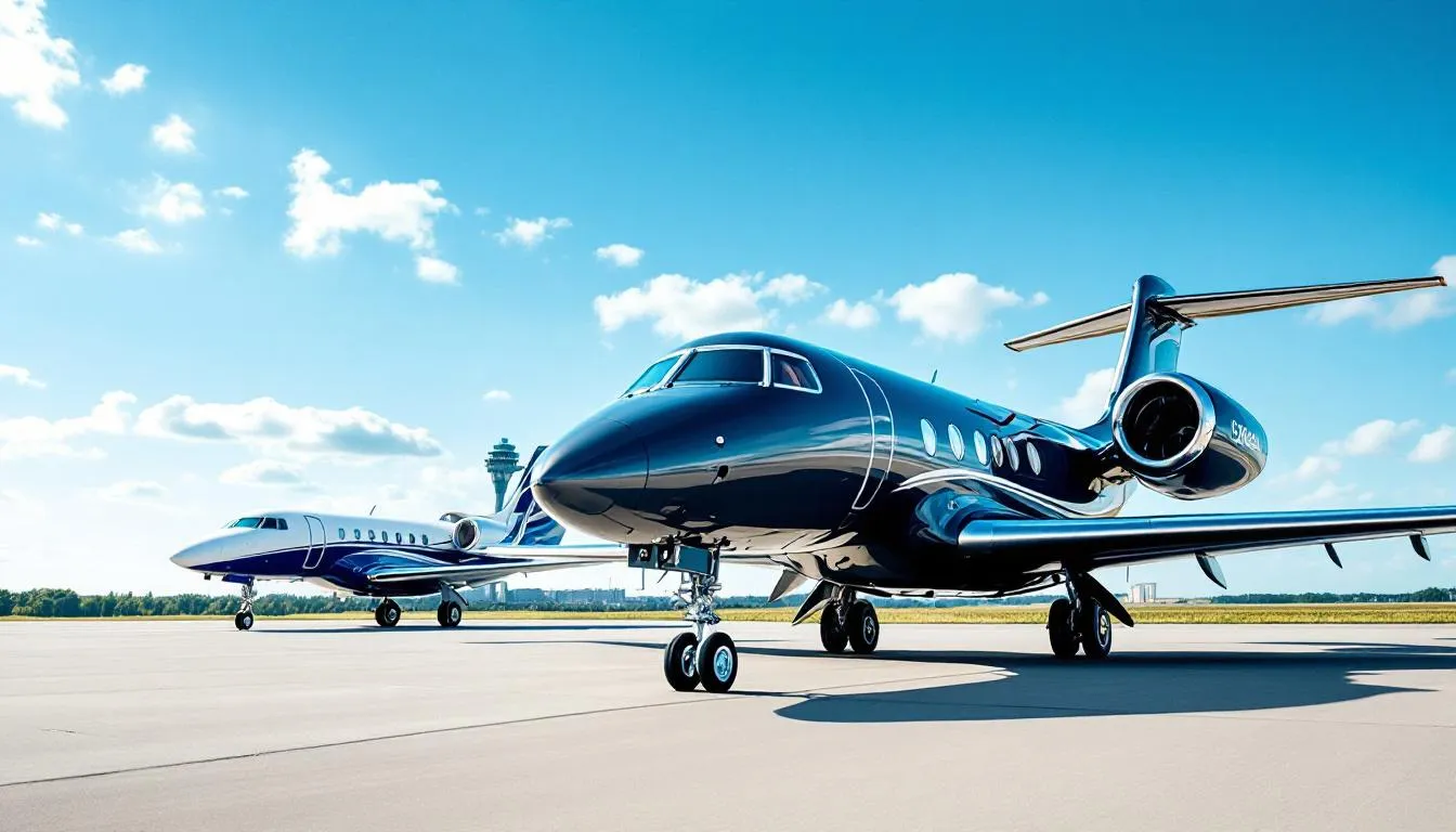The image showcases a diverse private jet fleet, featuring luxury private jets with spacious three zone cabins and sophisticated interior layouts. This impressive collection includes various aircraft types, such as the Bombardier Global and Gulfstream, designed for maximum comfort and exceptional performance during private jet charter flights.