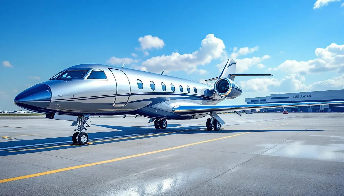 The image depicts a luxurious private jet parked on a tarmac, symbolizing the world of private aviation. This scene highlights the elegance and exclusivity of flying in private jets, catering to clients who value safety and comfort in their travel experiences.
