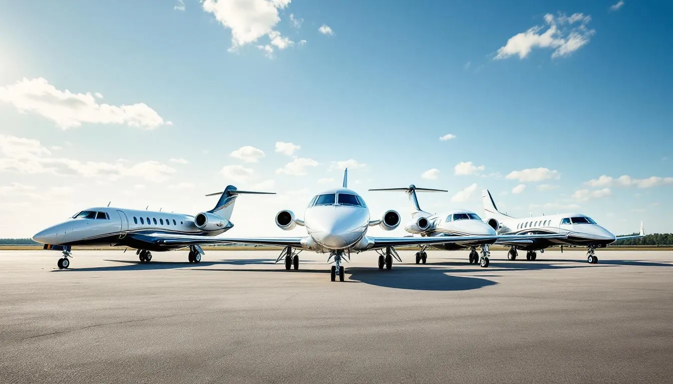 Different types of privately owned planes displayed on an airfield.