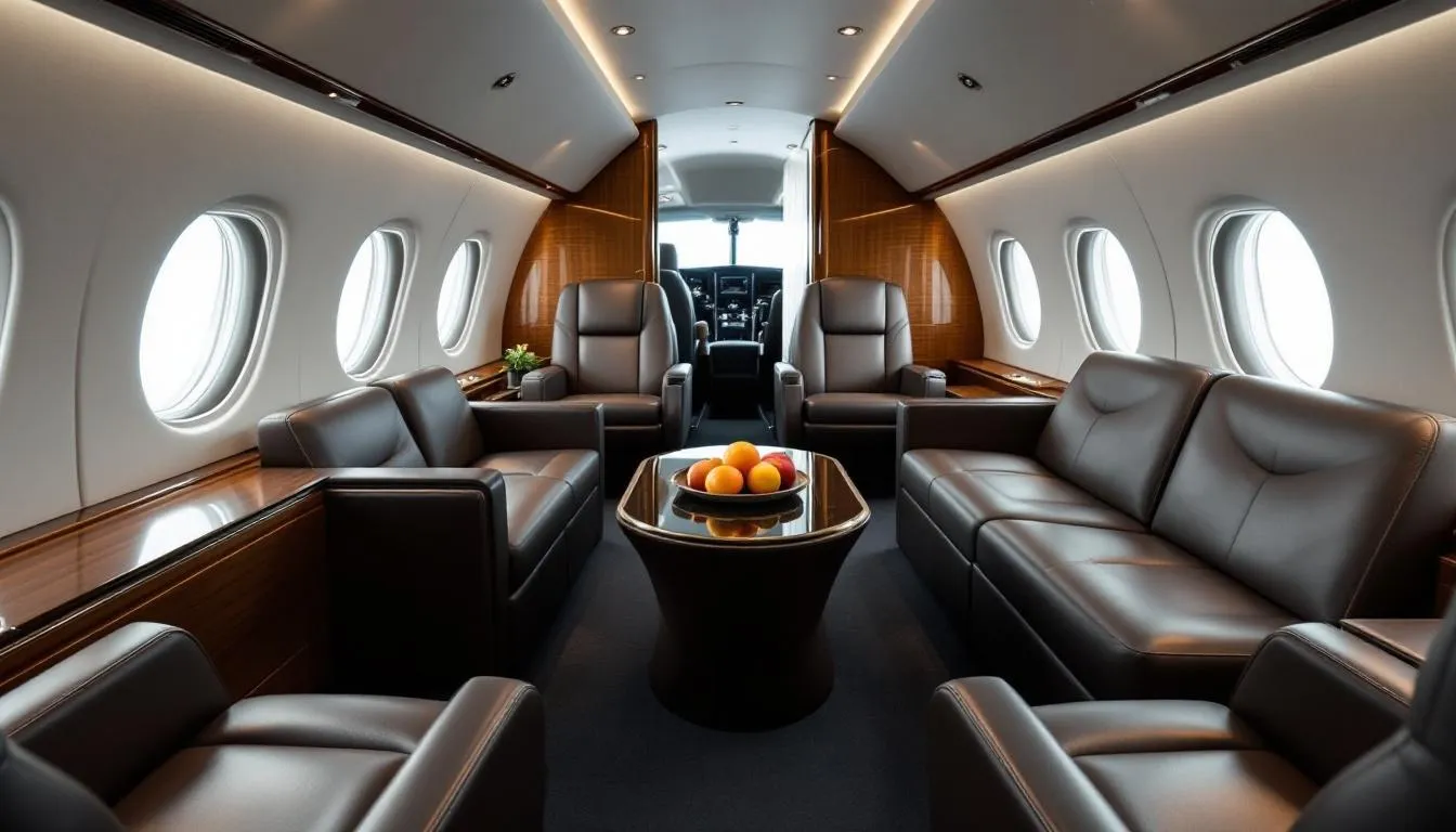 A luxurious interior of a private jet showcasing comfort and customization.